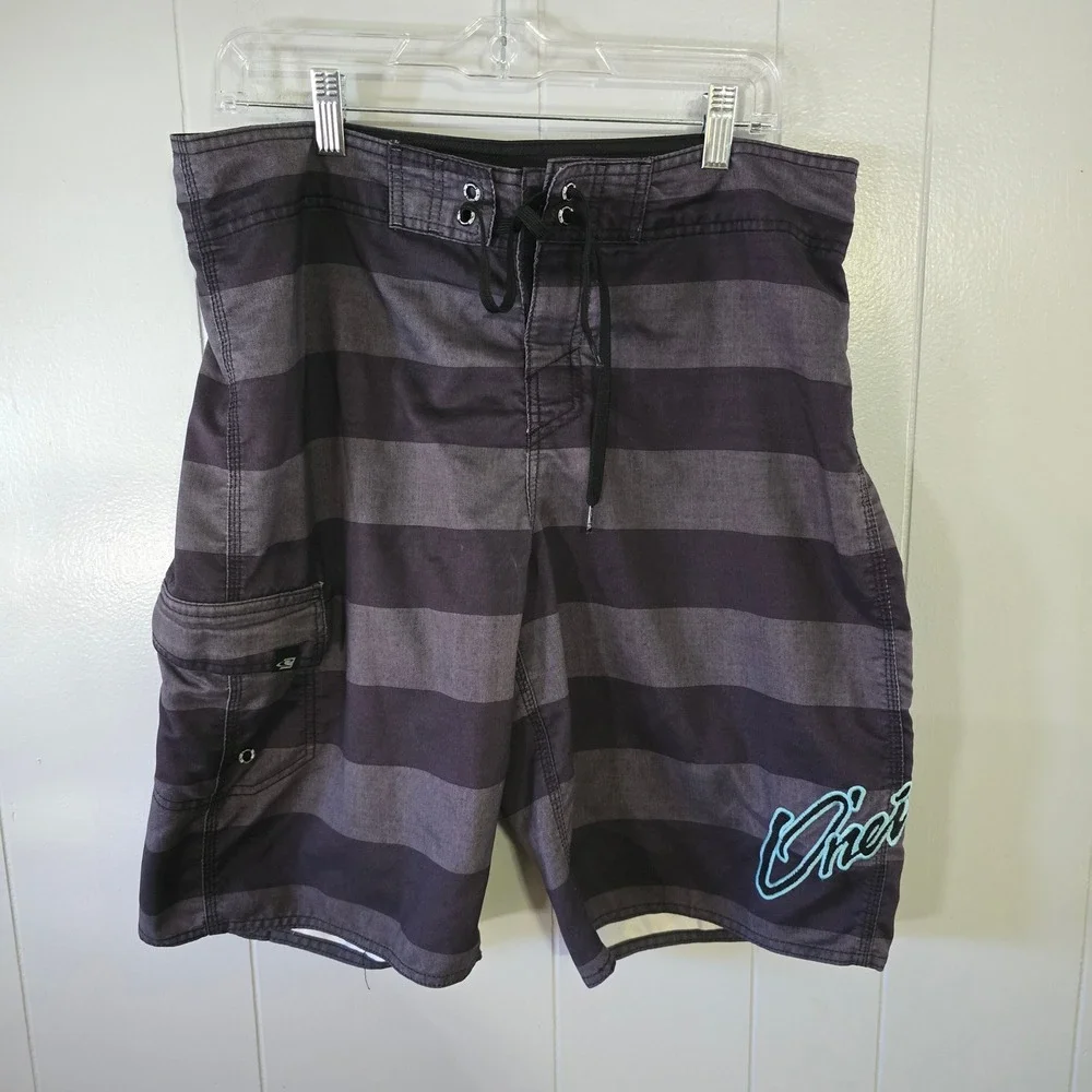 O'Neill Board‎ Shorts Mens 34 L Charcoal Black Striped Good Cargo Swim Trunks